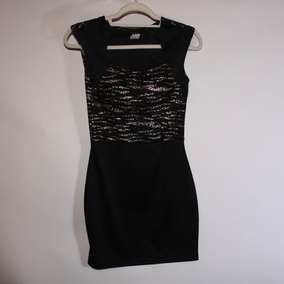 Y2K Yabes Black Form Fitting Pencil Dress With Glitter Cheetah Print Size M - Picture 1 of 3